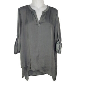 Chicos Top Women Size 1 Medium 8 Lavar 3/4-Sleeve Asymmetric Hem Flowy Sheer Tab